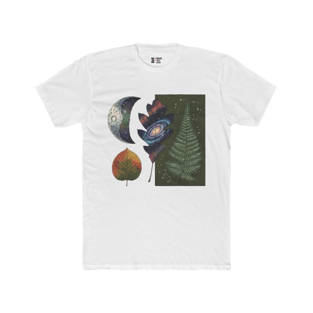 Cosmic Moon & Leaf T-Shirt – Abstract Botanical Nature Graphic Tee (Unisex)