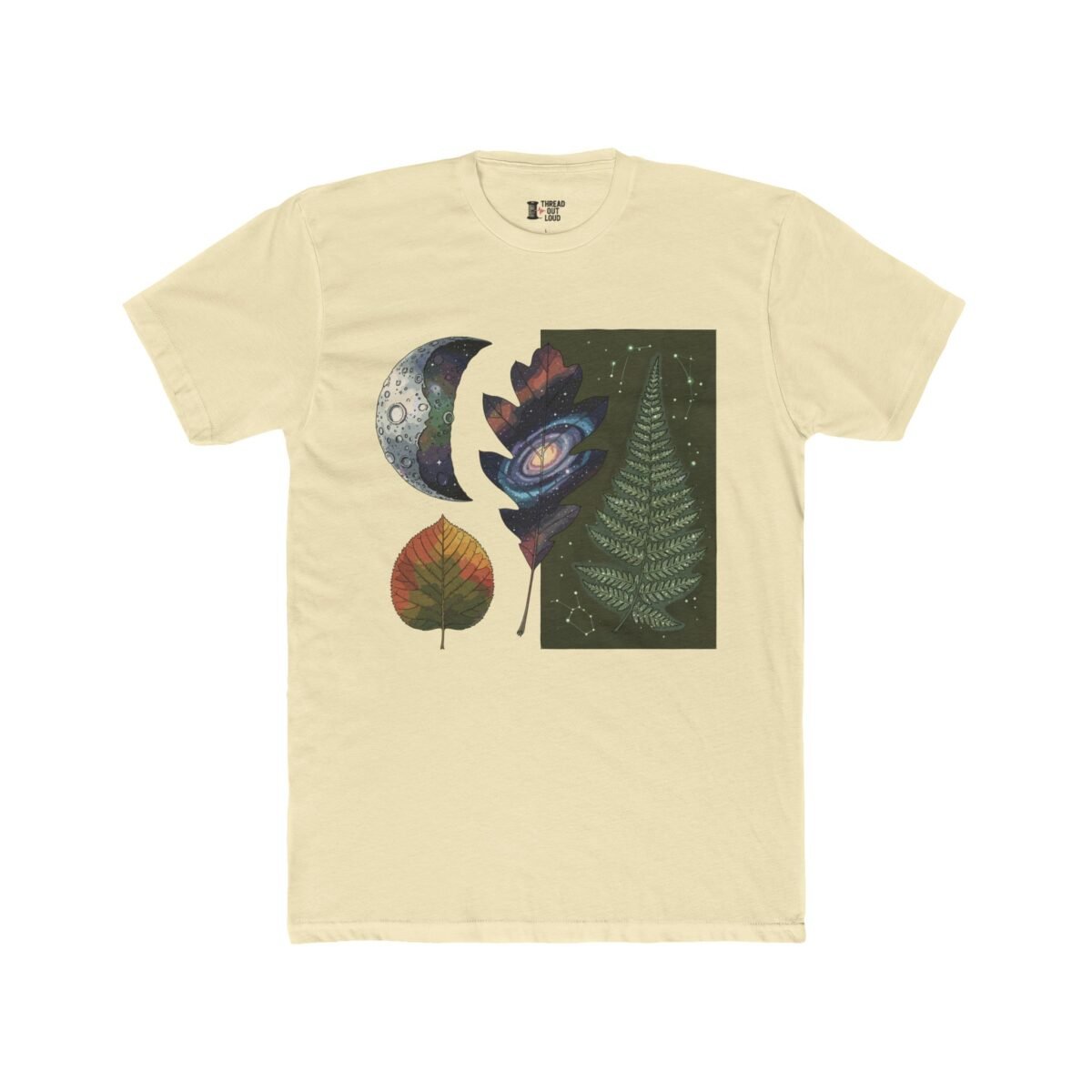 Cosmic Moon & Leaf T-Shirt – Abstract Botanical Nature Graphic Tee (Unisex)